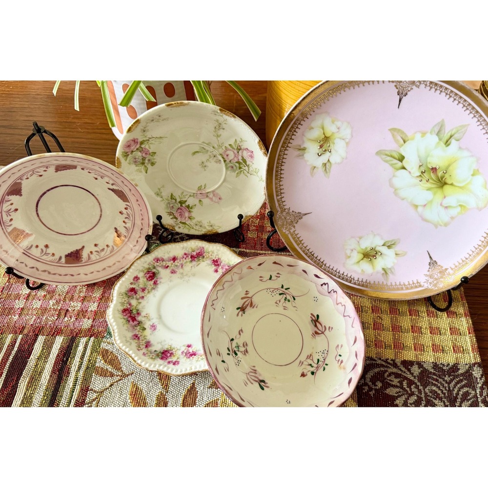 Curated Set of 5 Vintage Pink Rose Porcelain Plates & Saucers
